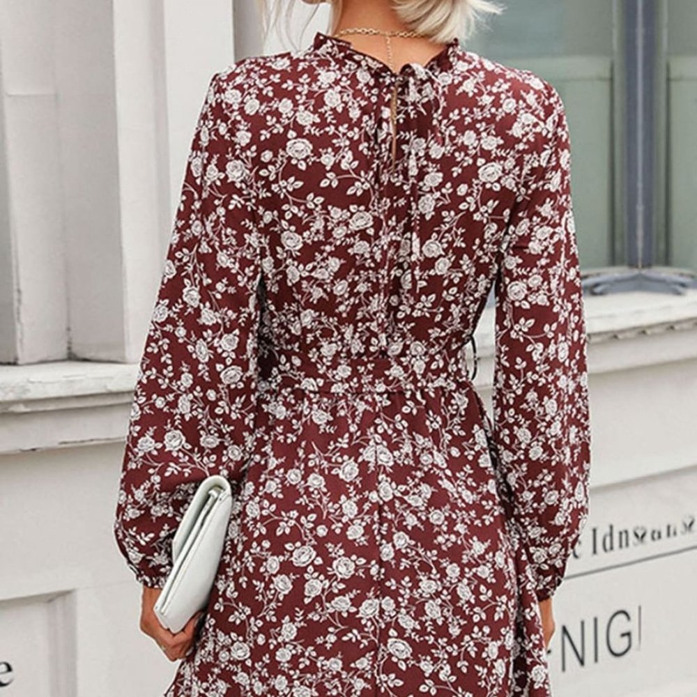 Floral Tie-Waist Mini Dress in Brown XL - Picture 3 of 5
